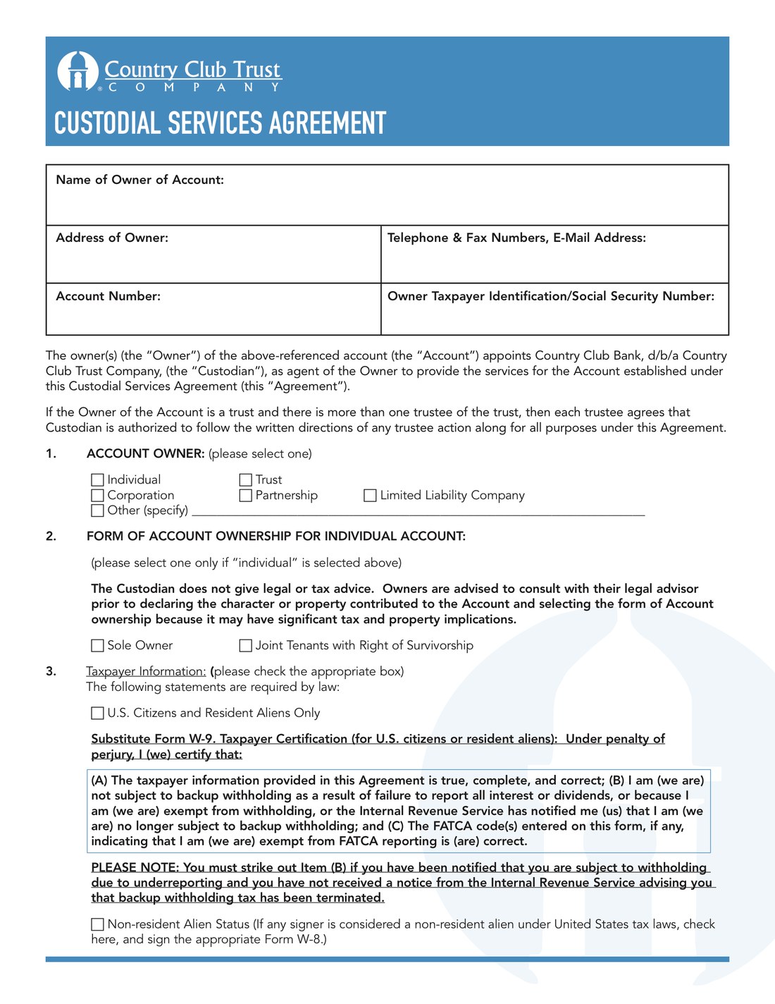 Custodial Services Agreement form designed for Country Club Trust Company