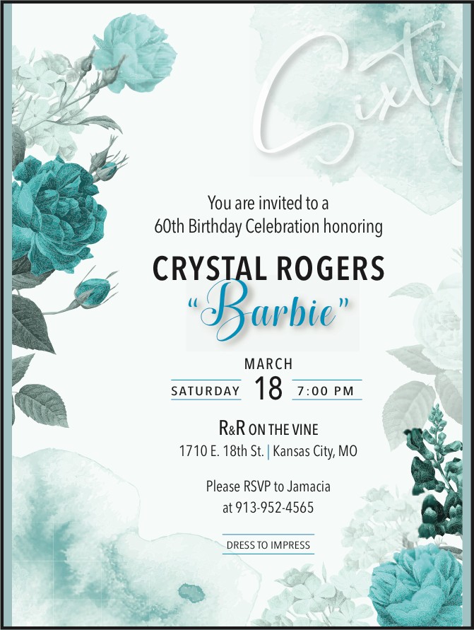 60th birthday celebration invitation for Crystal Rogers with teal florals