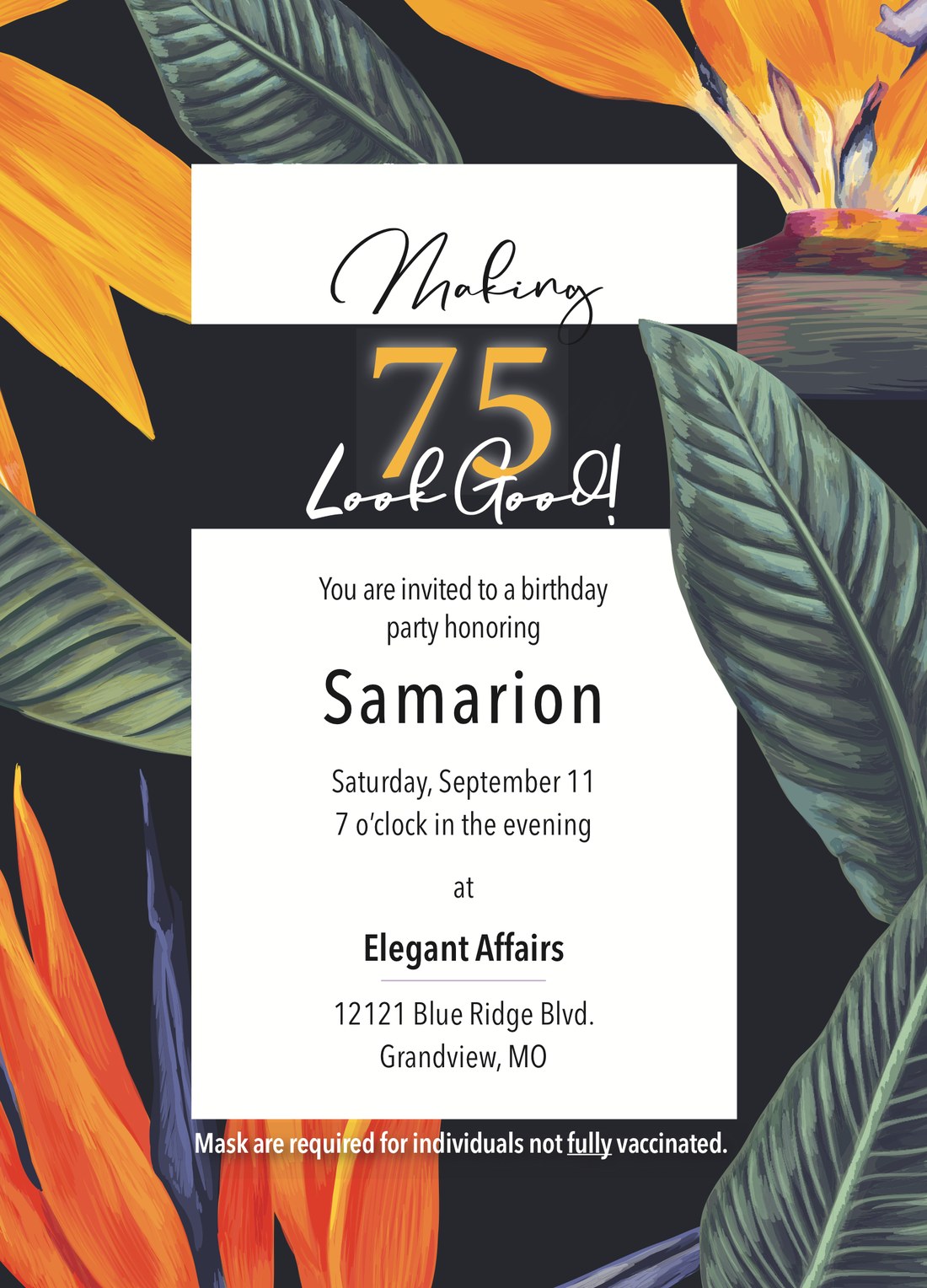 Birthday party invitation for Samarion with tropical bird-of-paradise artwork