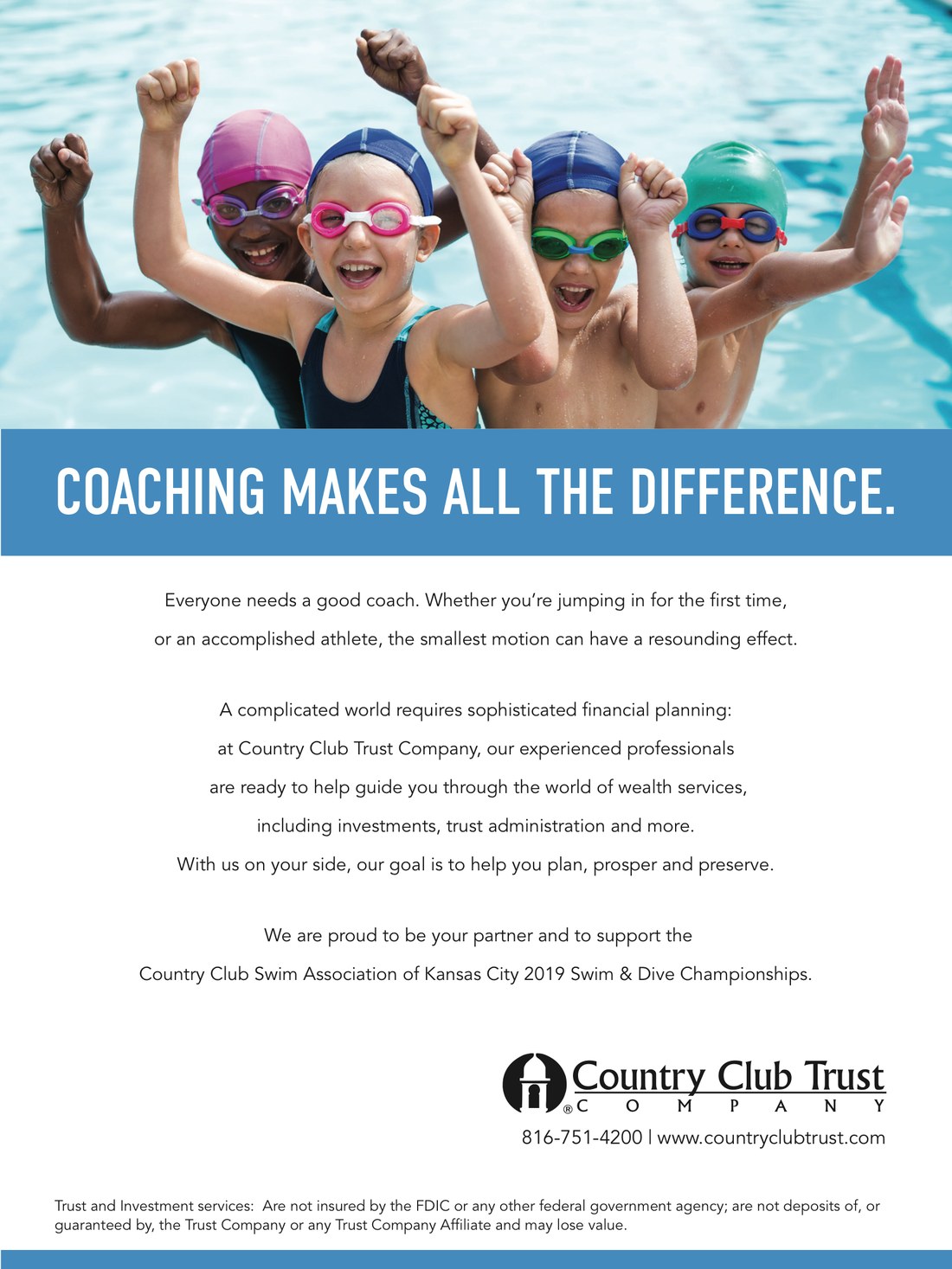 24x24 Country Club Trust Company poster — Coaching Makes All the Difference, supporting the 2019 Swim & Dive Championships